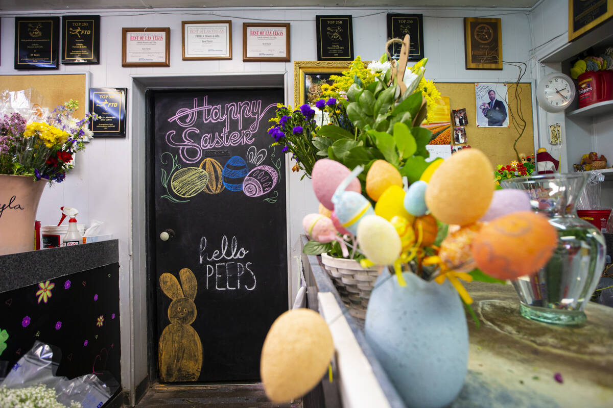 Easter decorations are pictured in a workroom at DiBella Flowers and Gifts on Tuesday, April 12 ...