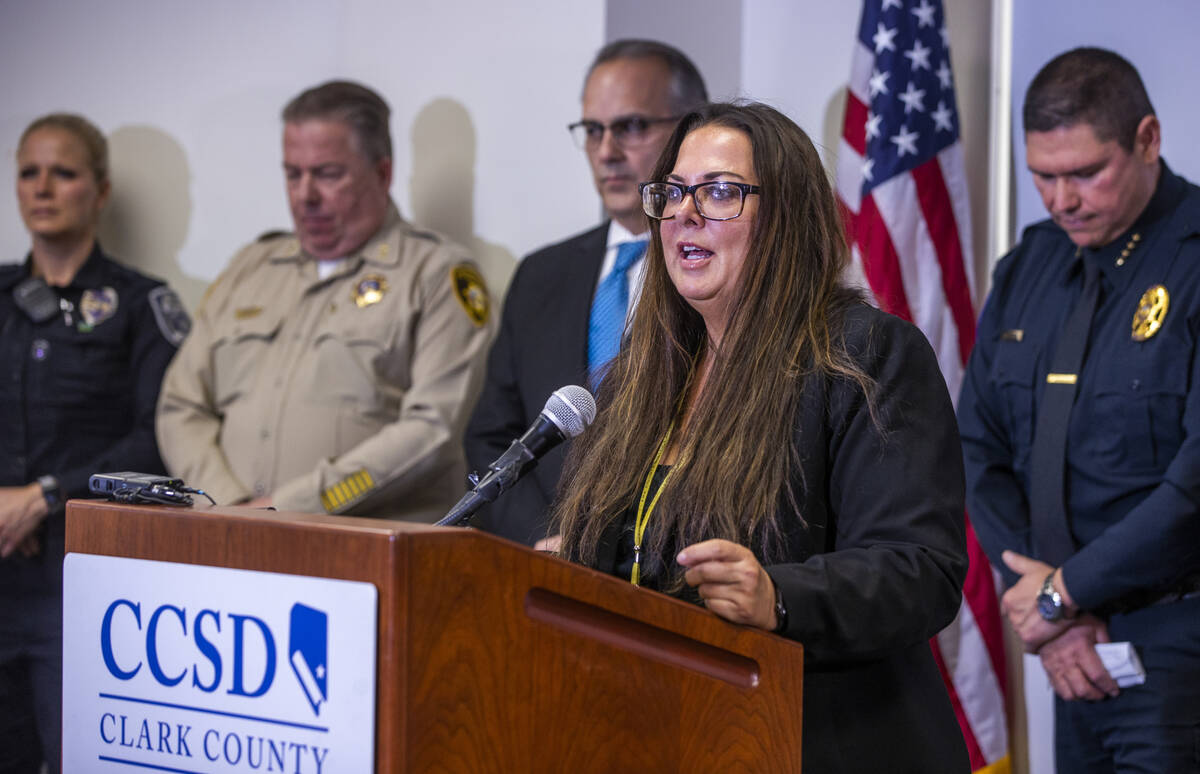 Clark County Chief Deputy District Attorney Brigid Duffy speaks beside Clark County School Dist ...