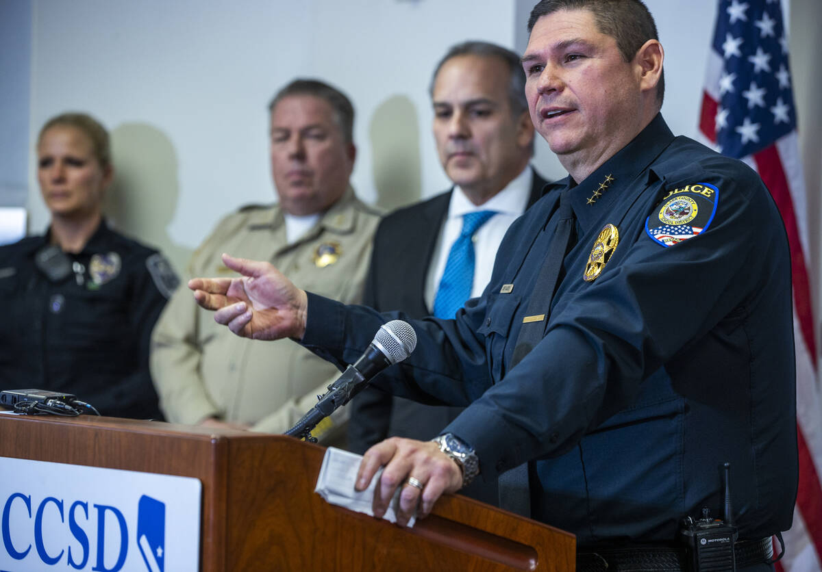Clark County School District PD Chief Mike Blackeye answers media questions as CCSD and communi ...