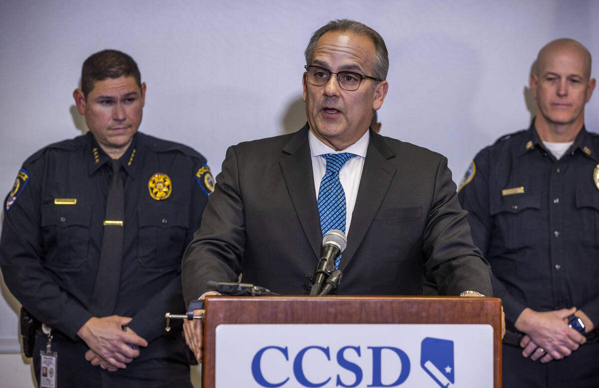 Clark County School District Superintendent Dr. Jesus F. Jara speaks beside CCSD and community ...