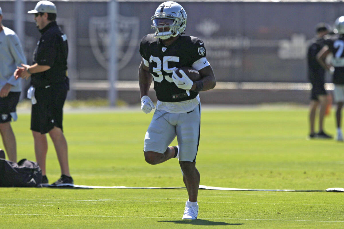 Raiders running back BJ Emmons (35) runs a drill during team practice at the Raiders Headquarte ...