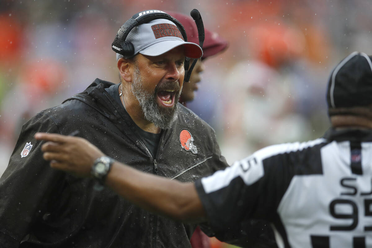 Cleveland Browns offensive coordinator Todd Haley yells at the officials during an NFL football ...