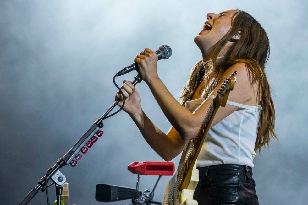 Danielle Haim sings as family band HAIM performs on the Downtown Stage during day two of Life i ...