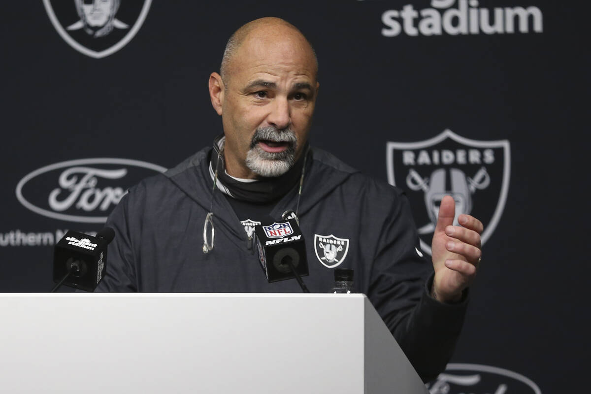 Las Vegas Raiders interim head coach Rich Bisaccia attends a news conference after an NFL footb ...