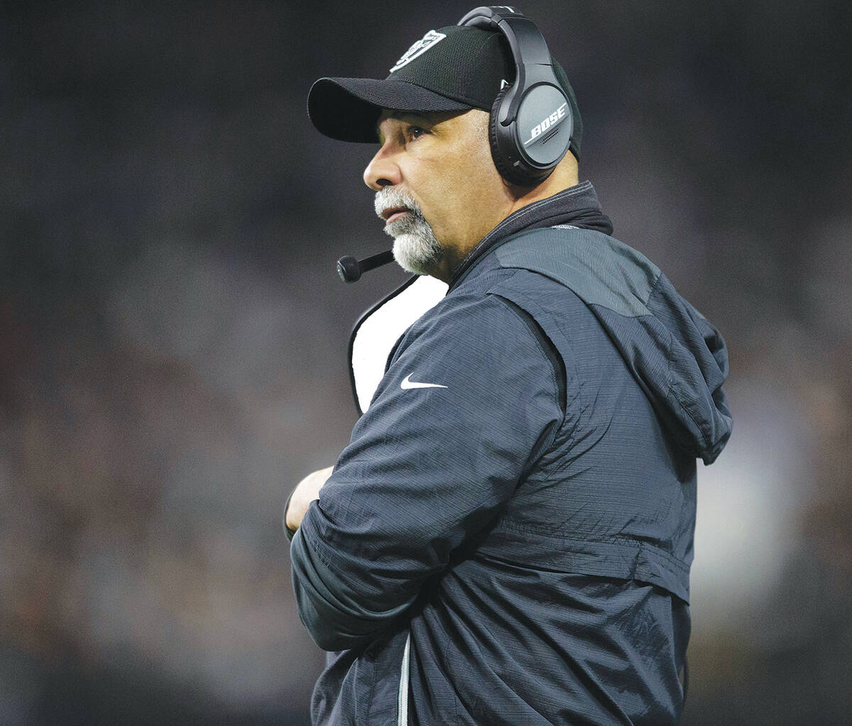 Raiders interim head coach Rich Bisaccia looks on from the sideline during the first half of an ...