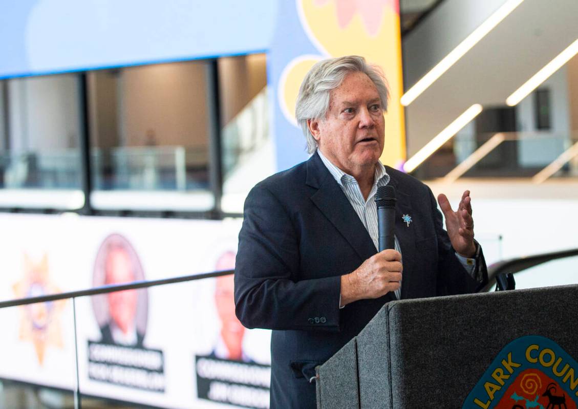 Clark County Commissioner Tick Segerblom speaks during a preview of an upcoming job fair at the ...