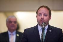 State Treasurer Zach Conine speaks at the Grant Sawyer Building in Las Vegas in March 2020. (Ra ...