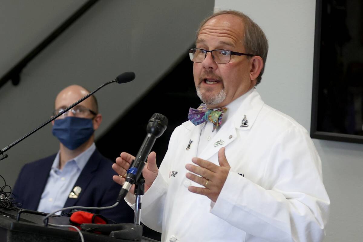 Dr. Marc Kahn, dean of the Kirk Kerkorian School of Medicine at UNLV, speaks during a press con ...