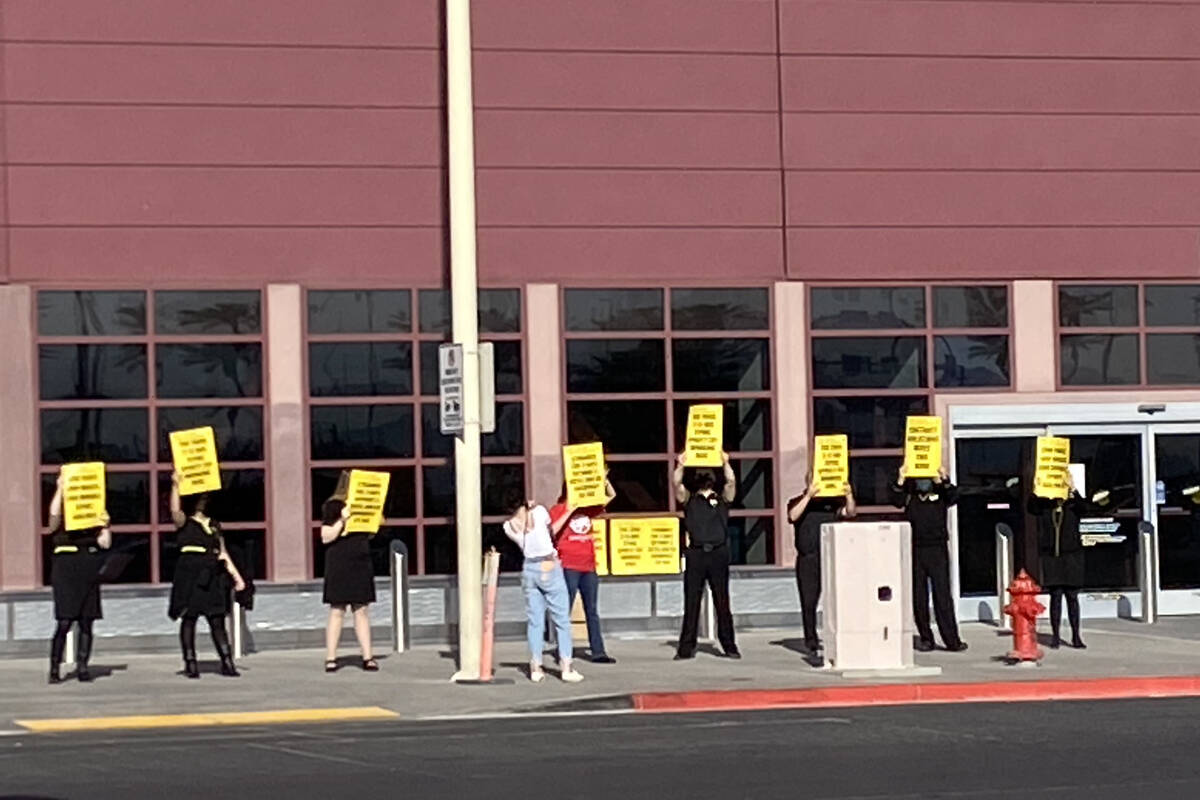 Spirit Airlines flight attendants and supporters protest at Harry Reid International Airport Fr ...