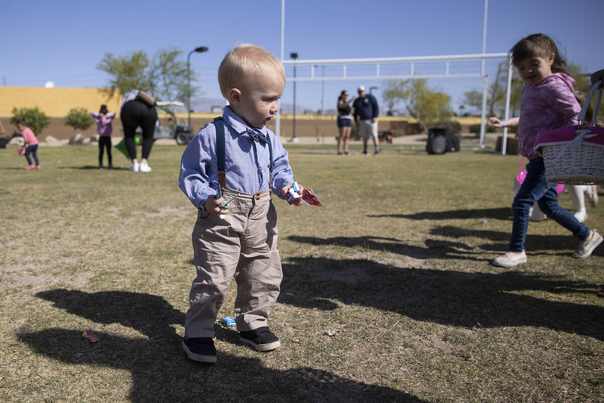 Astor Reece, 1, participates during the Hoppy Egg Run community event at the Walnut Recreation ...