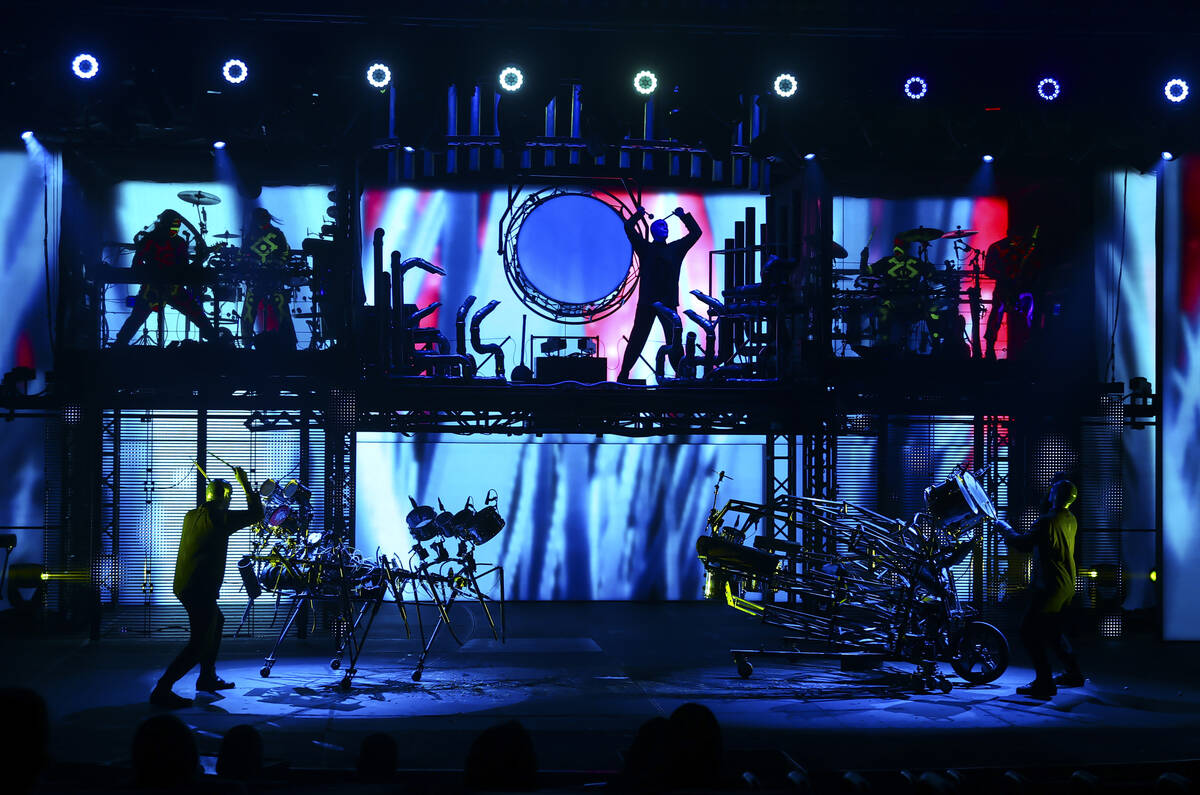 The Blue Man Group performs during a full dress rehearsal at the BMG Theater at the Luxor in La ...