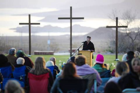 Fran Haraway addresses an outdoor congregation for the 33rd annual Easter Sunrise Celebration a ...