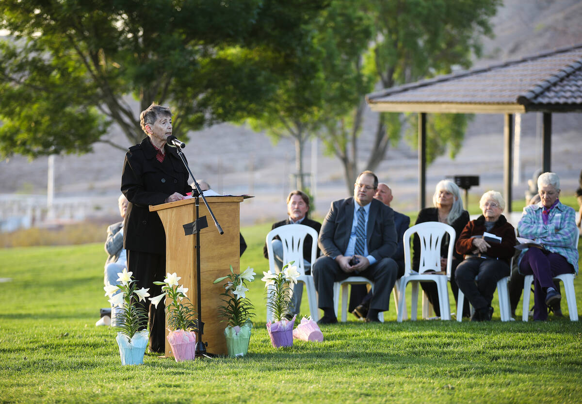 Fran Haraway addresses an outdoor congregation for the 33rd annual Easter Sunrise Celebration a ...