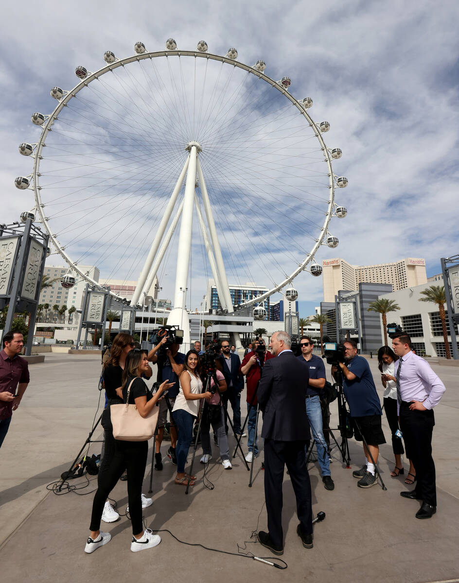 Las Vegas Convention and Visitors Authority President and CEO Steve Hill talks to the news medi ...