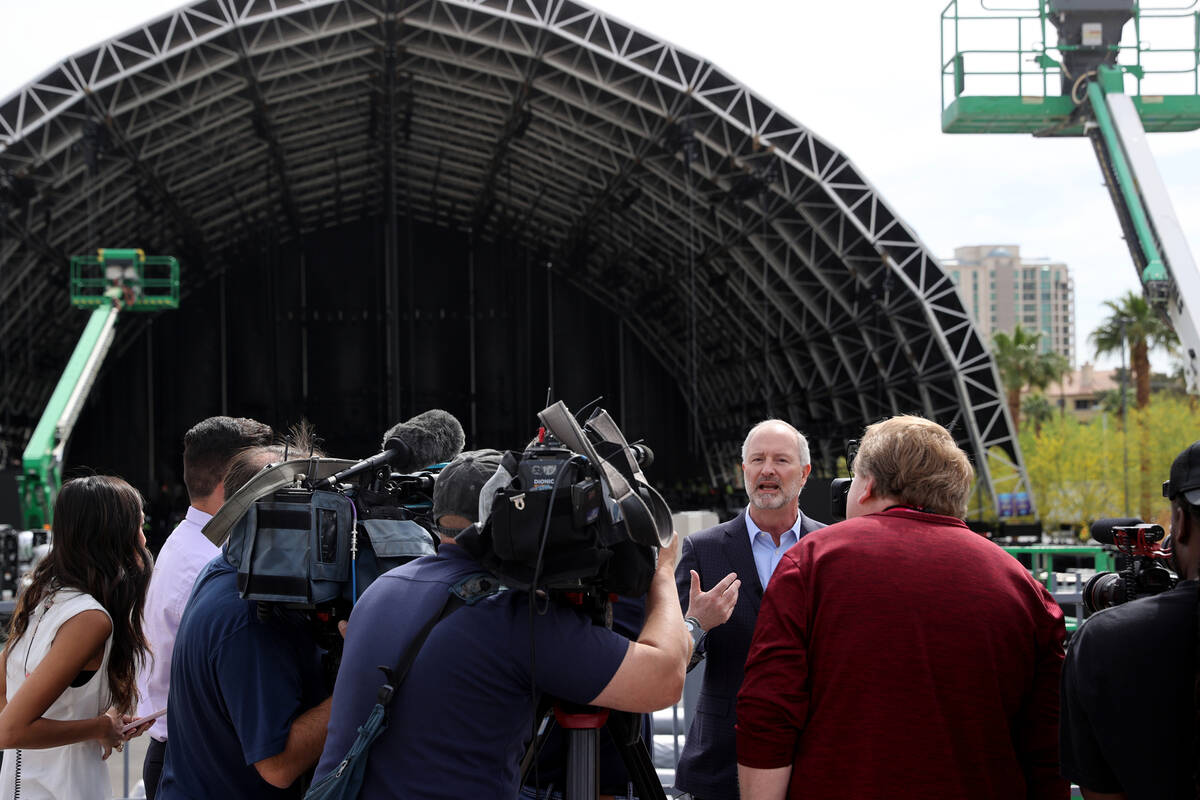 Las Vegas Convention and Visitors Authority President and CEO Steve Hill talks to the news medi ...