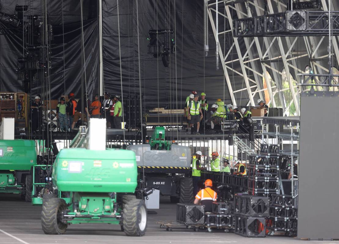 The main stage at the NFL Draft Experience under construction behind The Linq Hotel in Las Vega ...