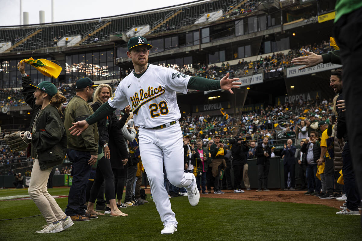 Oakland Athletics right fielder Billy McKinney (28) is introduced before the opening night game ...