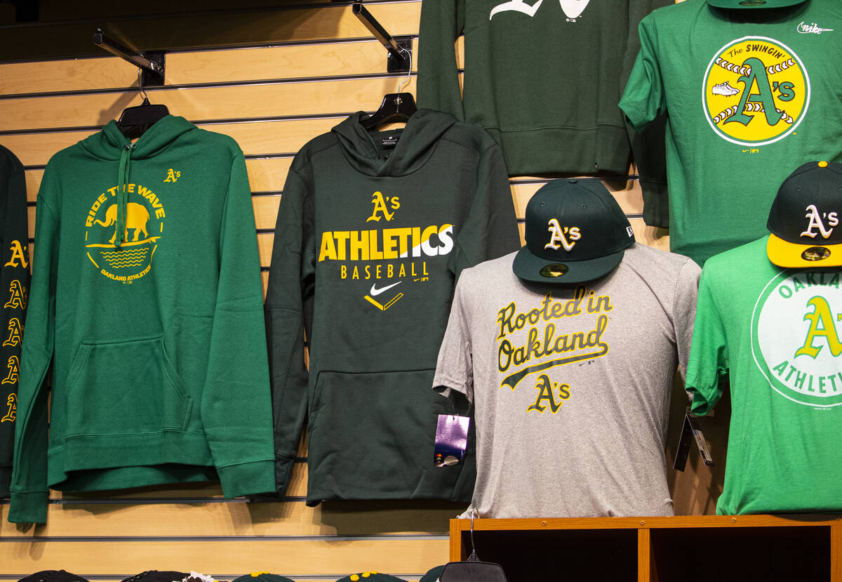 Oakland Athletics apparel is seen for sale before the opening night game against the Baltimore ...