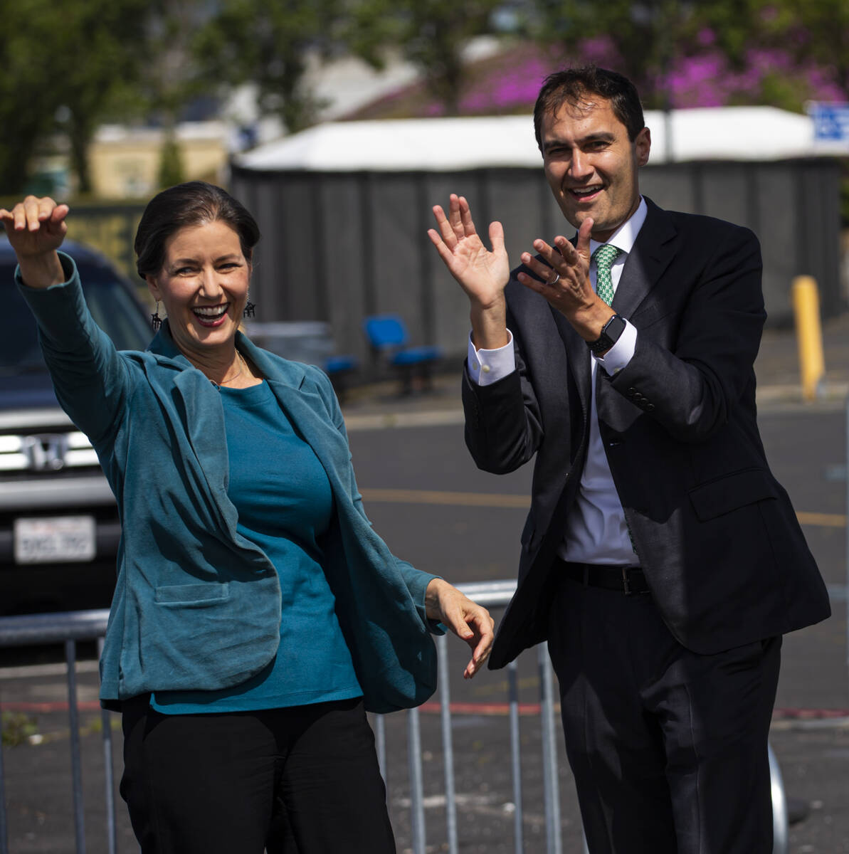 Oakland Athletics President Dave Kaval, right, and Oakland Mayor Libby Schaaf cheer after raisi ...