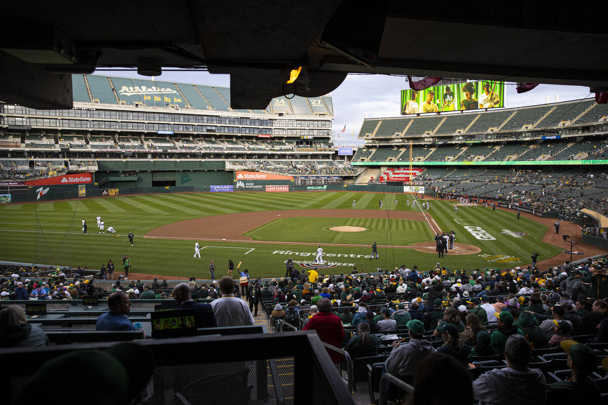 Oakland Athletics fans look on before the start of the opening night game against the Baltimore ...