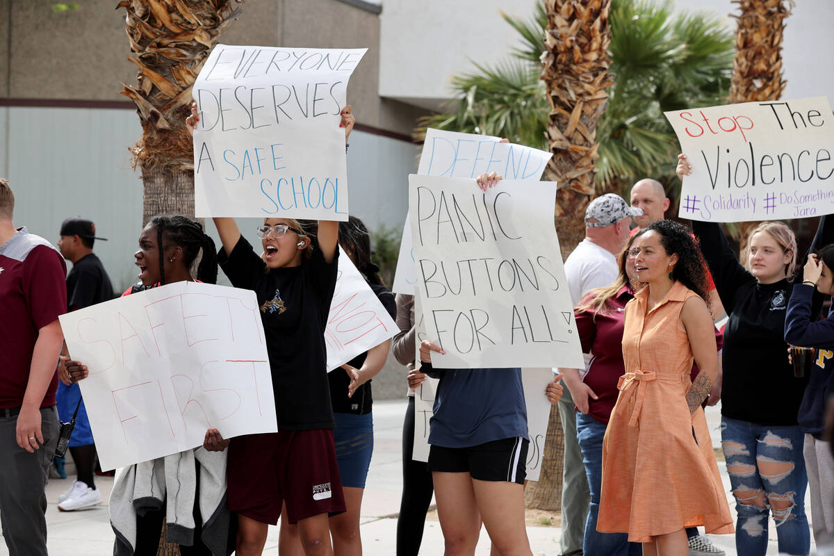Eldorado High School students, teachers, parents and support staff protest outside the Las Vega ...