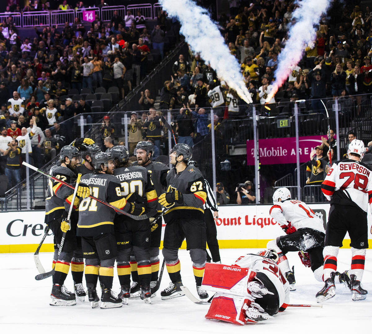 Golden Knights players celebrate a goal by center Chandler Stephenson (20) in the third period ...