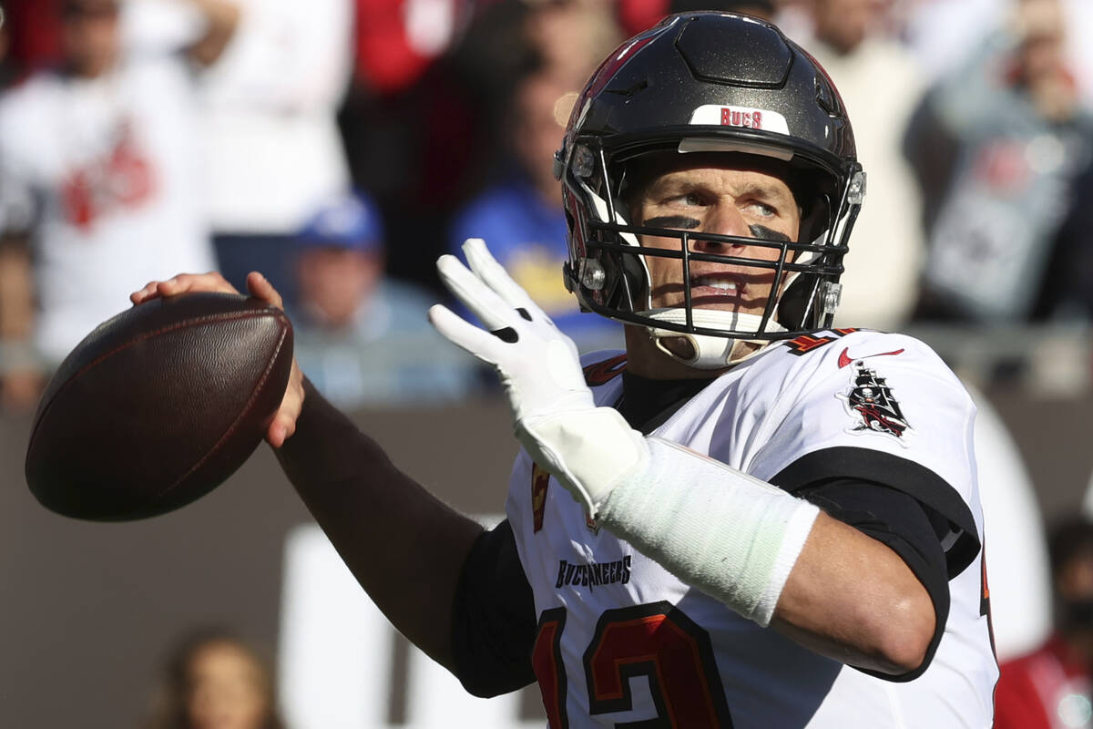 FILE - Tampa Bay Buccaneers quarterback Tom Brady (12) throws a pass against the Los Angeles Ra ...