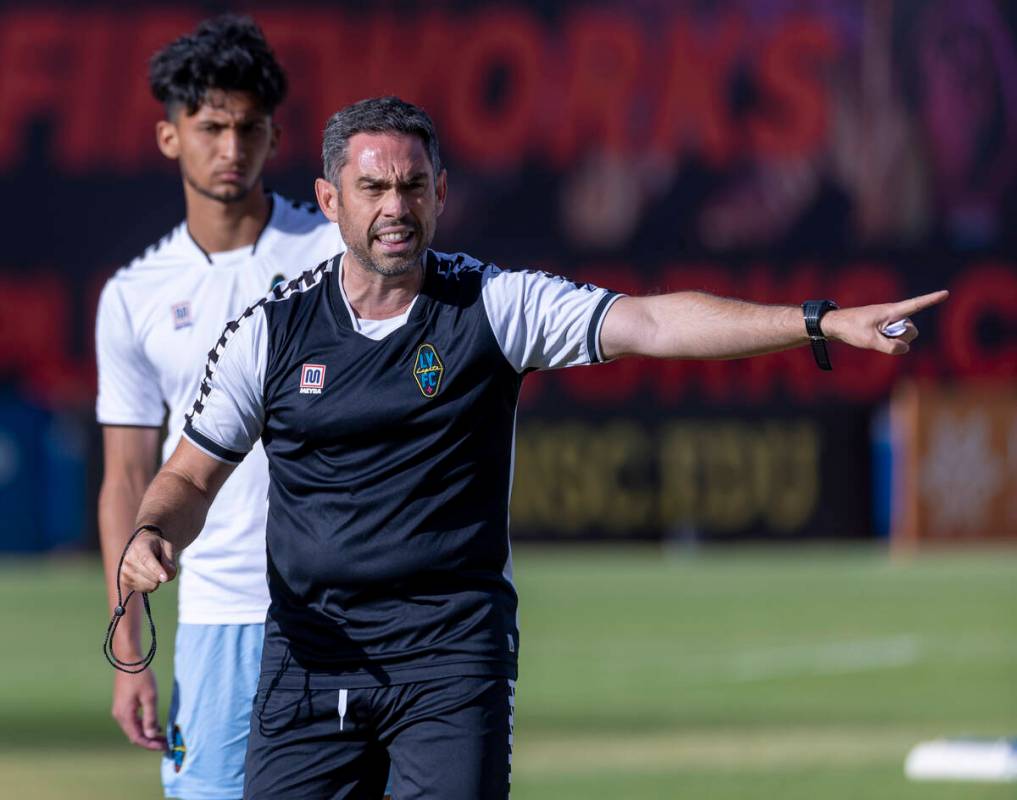 Lights FC head coach Enrique Duran motivates his players during practice at Cashman Field on Fr ...