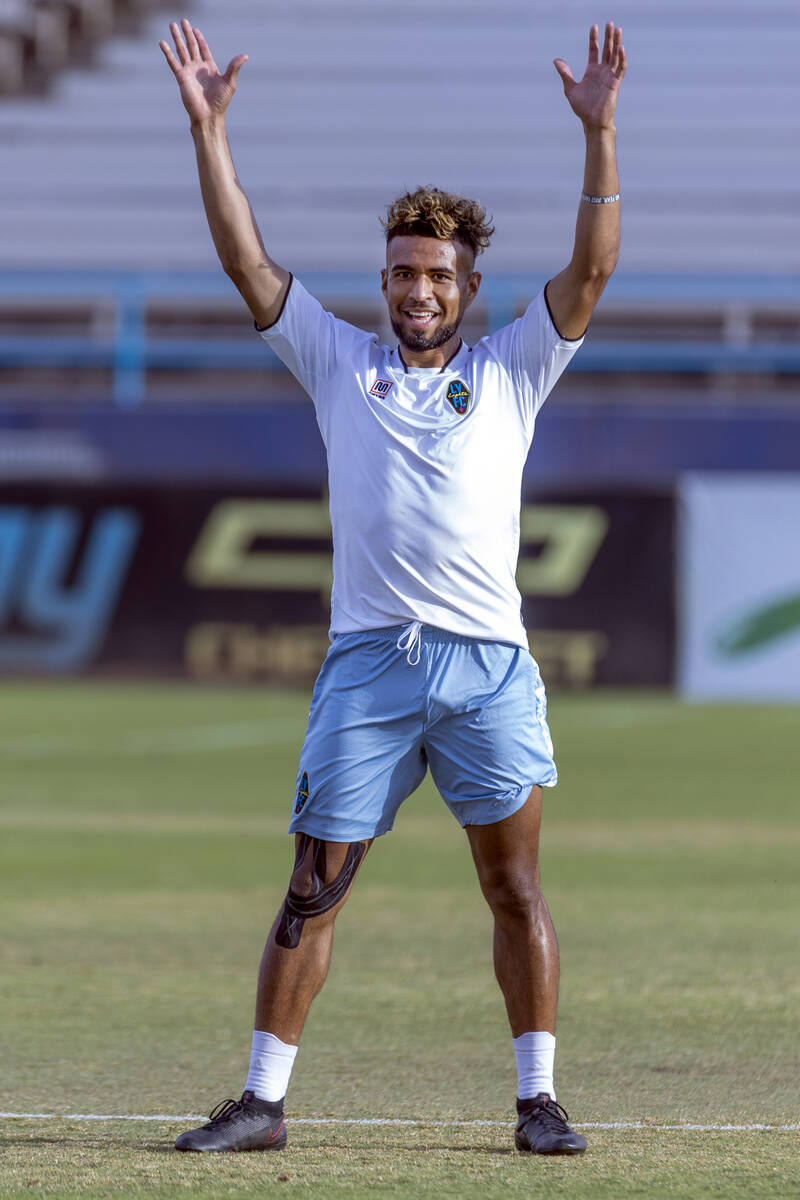 Lights FC standout Danny Trejo celebrates a win with teammates during practice drill at Cashman ...