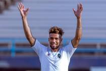 Lights FC standout Danny Trejo celebrates a win with teammates during practice drill at Cashman ...