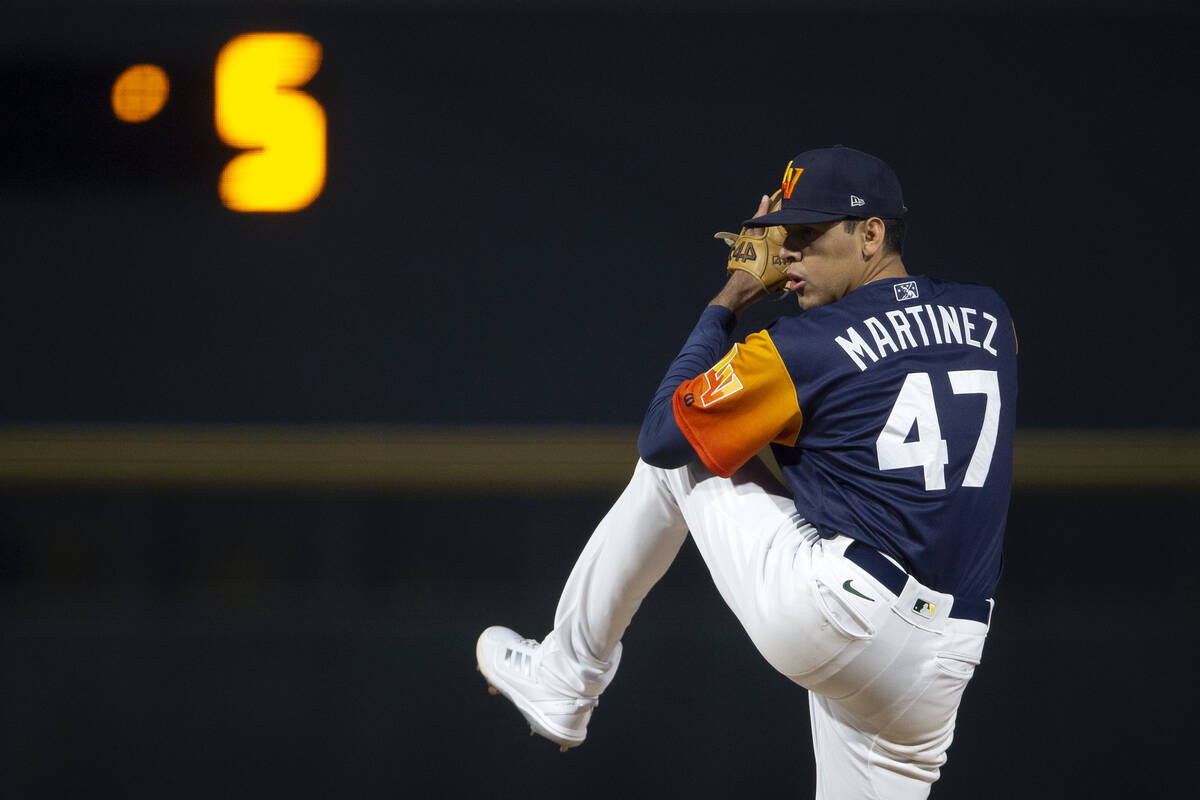 Las Vegas Aviators pitcher Adrian Martinez (47) throws to the El Paso Chihuahuas while the pitc ...