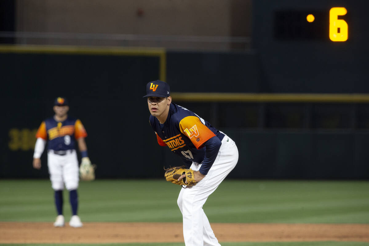 Las Vegas Aviators pitcher Luis Martinez (47) eyes the catcher while the pitch clock is at 6 se ...