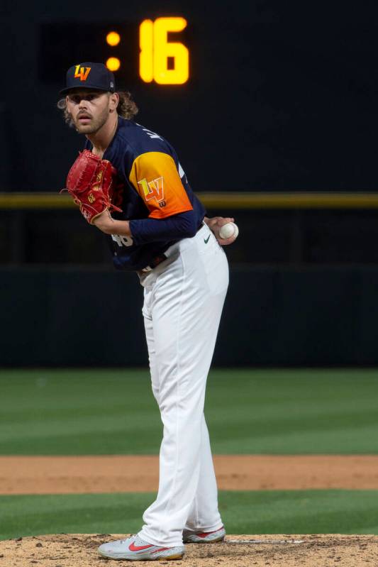 Las Vegas Aviators pitcher Gabe Klobosits (48) prepares to pitch to the El Paso Chihuahuas whil ...