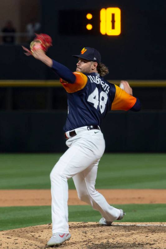 Las Vegas Aviators pitcher Gabe Klobosits (48) pitches to the El Paso Chihuahuas while the pitc ...
