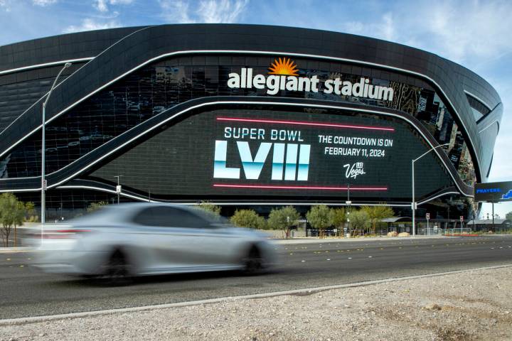 The large video screen on the east side displays the message that the NFL Super Bowl LVIII will ...