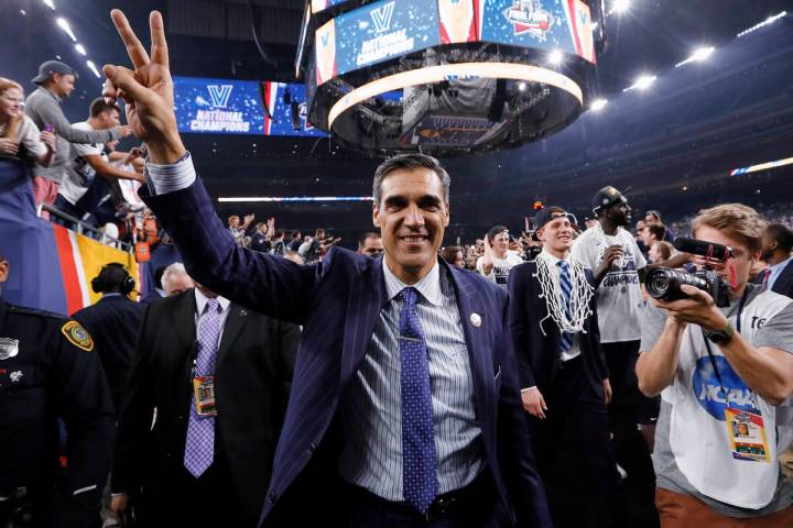 Villanova coach Jay Wright celebrates after the NCAA men's college basketball tournament champi ...