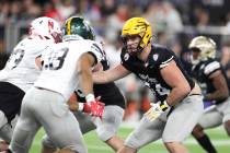 West offensive lineman Kellen Diesch, of Arizona State, (74) in coverage against East linebacke ...