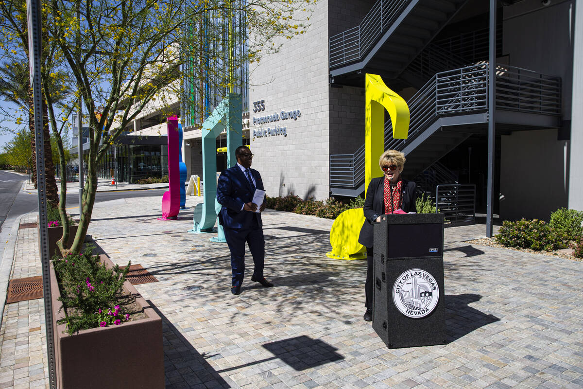 Las Vegas Mayor Carolyn Goodman speaks during the dedication of the "Larger Than Life&quot ...