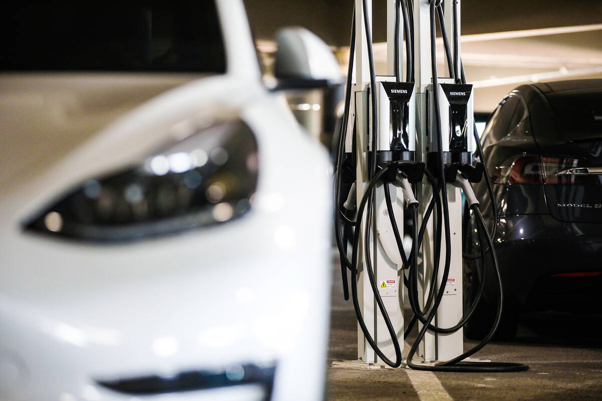 One of the new electric vehicle charging stations at Harry Reid International Airport in Las Ve ...