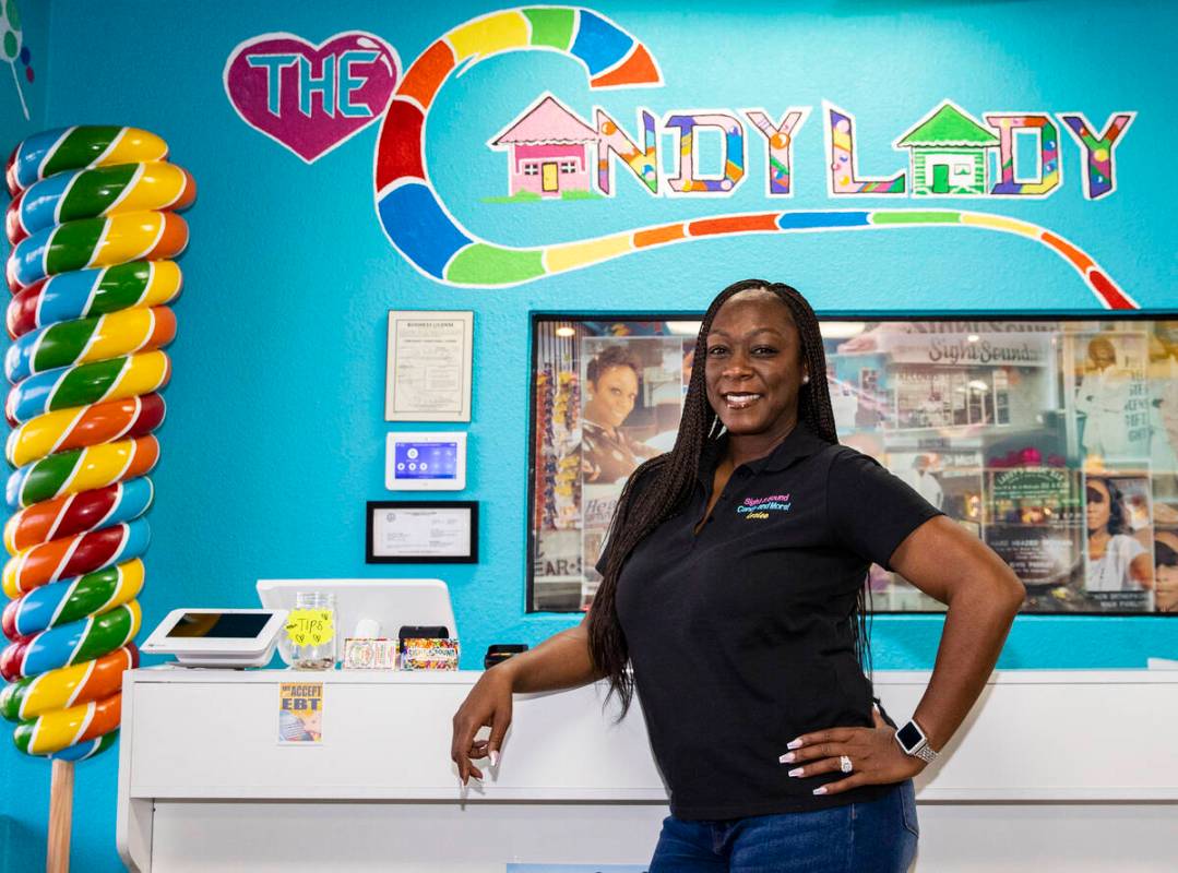 Sight and Sound Candy and more store owner Leslee Thomas poses for a photo on Monday, April 25, ...