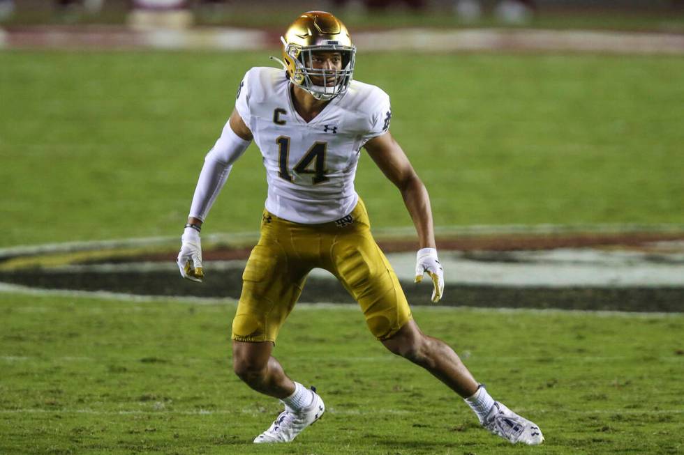 FILE - Notre Dame safety Kyle Hamilton (14) plays during an NCAA football game against Florida ...