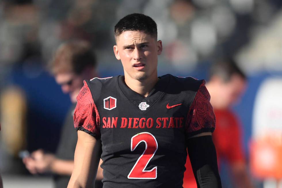 FILE - San Diego State place kicker Matt Araiza (2) plays during an NCAA football game against ...
