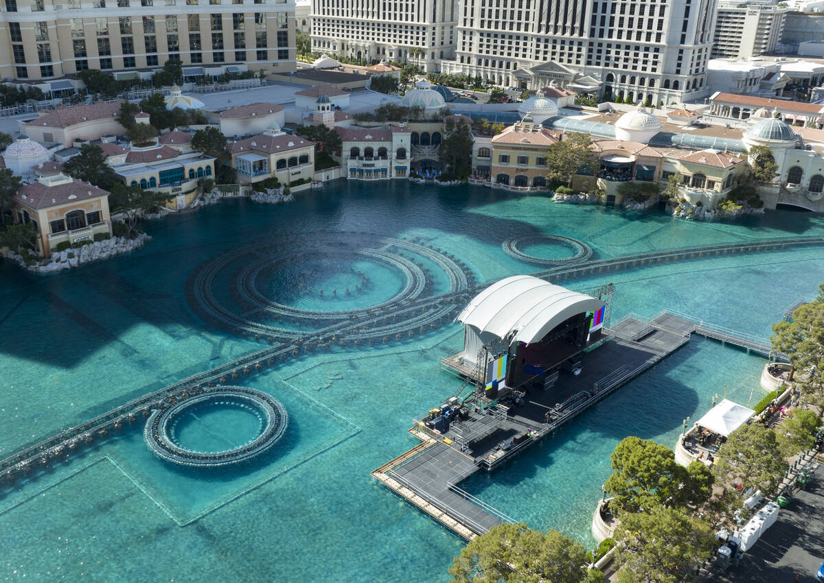 The red carpet stage for the 2022 NFL Draft is shown on the Bellagio Fountains on Saturday, Apr ...