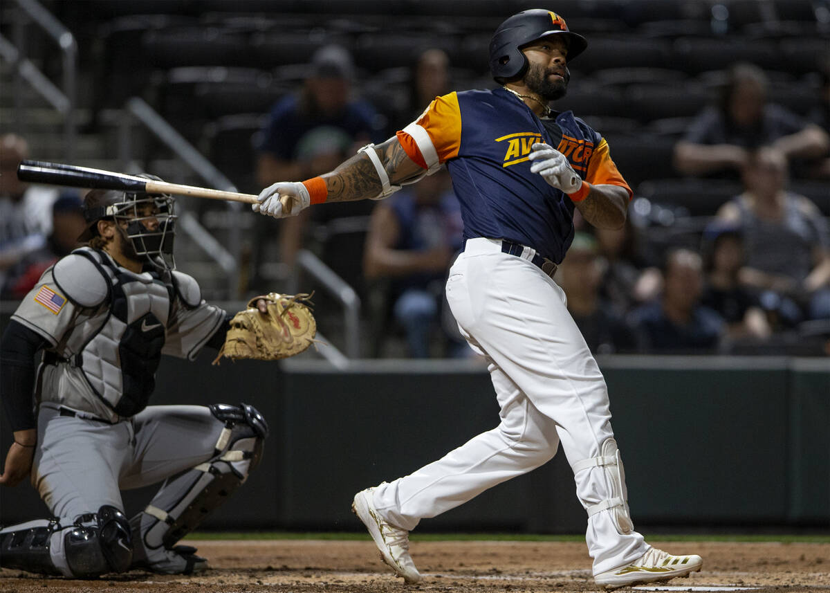 Las Vegas Aviators slugger Eric Thames (4) hits against the El Paso Chihuahuas during a Minor L ...