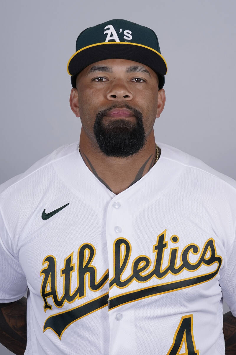 This is a 2022 photo of Eric Thames of the Oakland Athletics baseball team. This image reflects ...