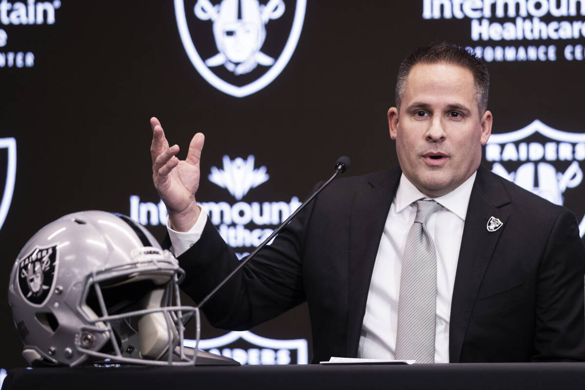 Raiders head coach Josh McDaniels speaks during a press conference on Monday, Jan. 31, 2022, at ...