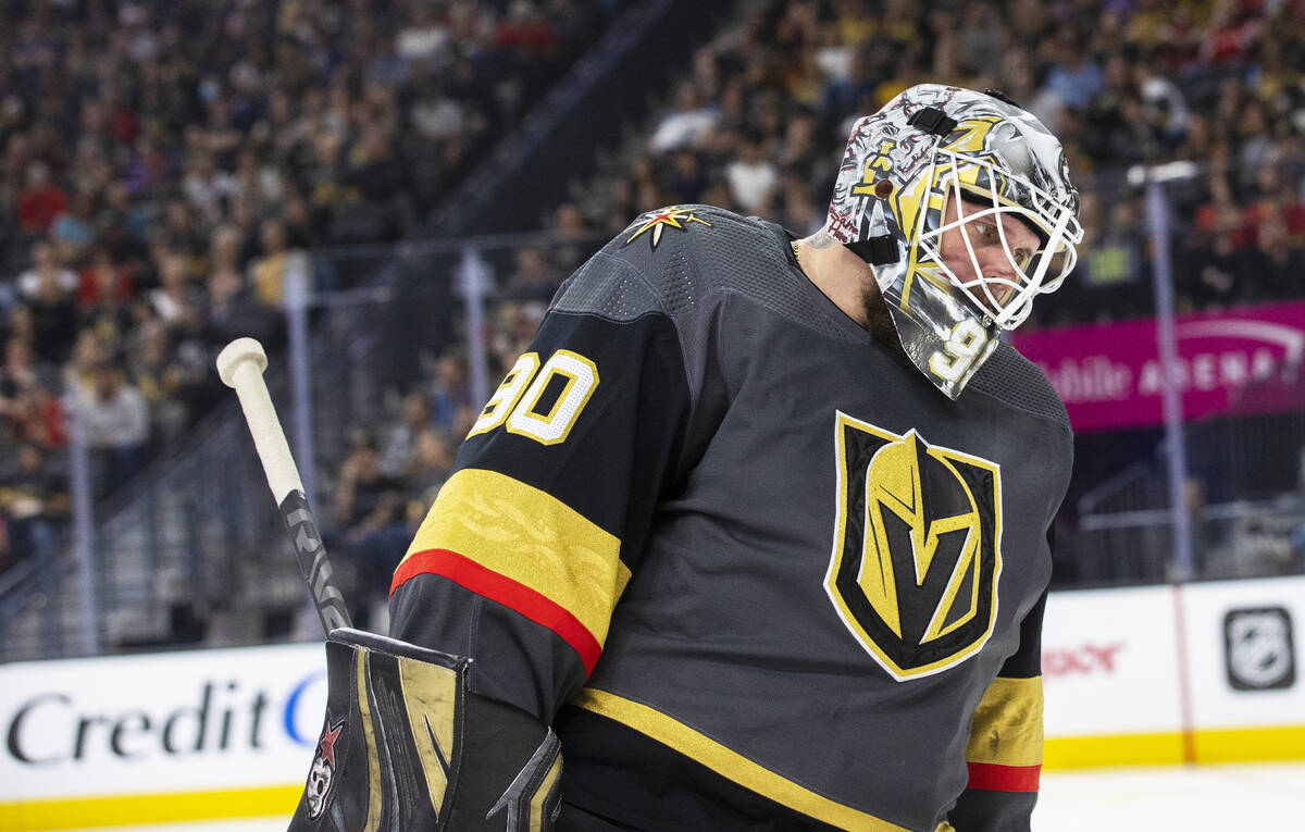 Golden Knights goaltender Robin Lehner (90) circles the net in the second period during an NHL ...