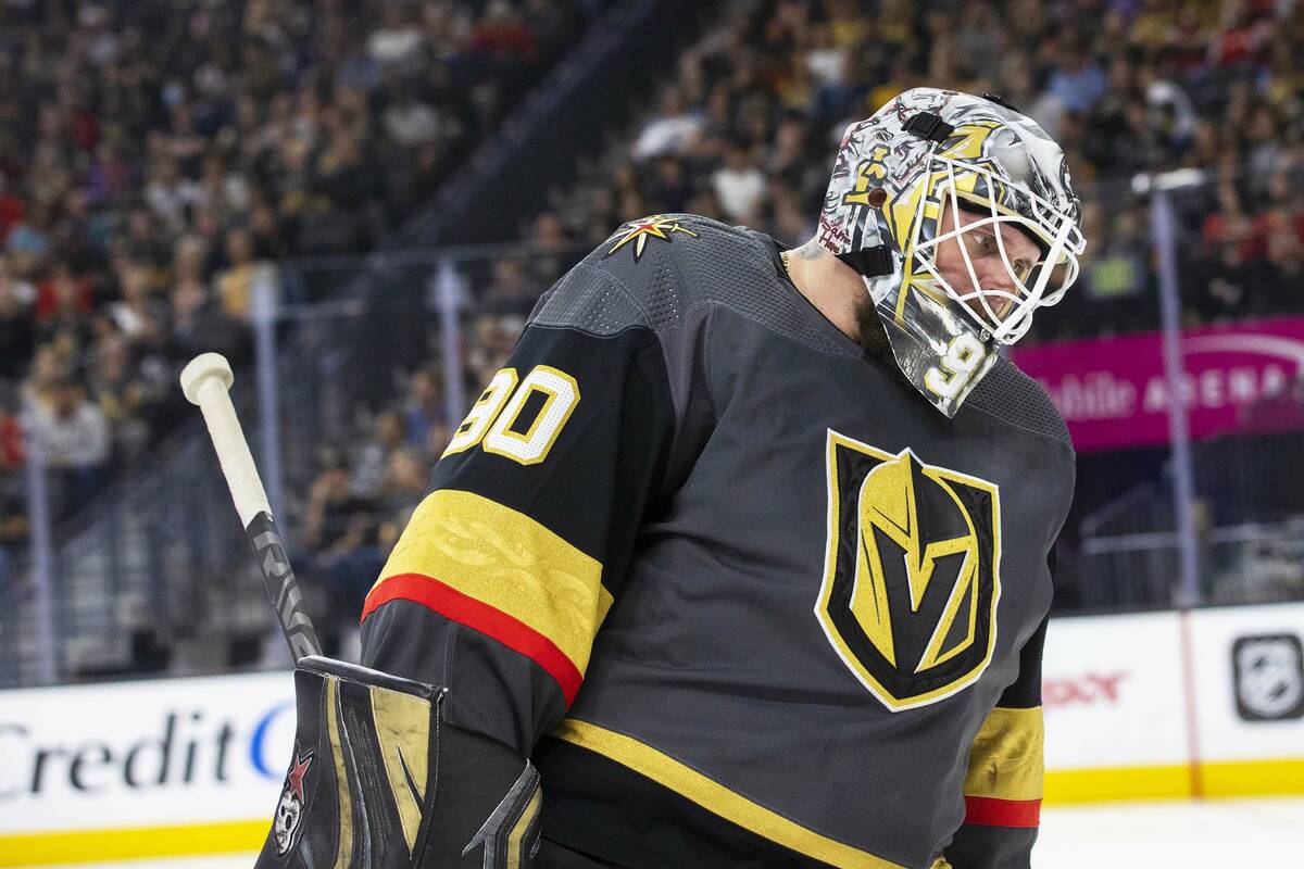 Golden Knights goaltender Robin Lehner (90) circles the net in the second period during an NHL ...