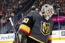 Golden Knights goaltender Robin Lehner (90) circles the net in the second period during an NHL ...