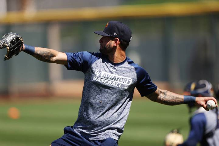 Aviators Luis Barrera (13) throws the ball during a team workout at the Las Vegas Ballpark in L ...